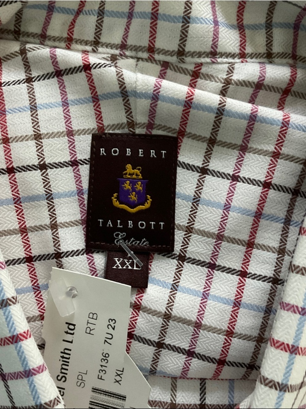 Robert Talbott Dress Shirt with Burgundy, Blue and Brown Windowpane Plaid - Picture 2 of 4